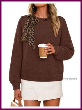 Women's Long Sleeve Knit Sweater Leopard Bow Tie Pullover Top